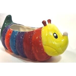 Vtg Anthropomorphic Rainbow Caterpillar Ceramic Planter Inch worm kidcore vibran